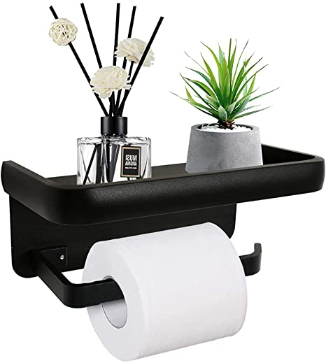 Toilet Paper Holder Black Toilet Paper Holder with Phone Shelf Adhesive or Drilling Wall Mounted Tissue Holder for Bathroom Accessories RV Camper Toilet Roll Holder