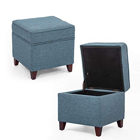 Adeco Fabric Ottoman with Storage Chest and Footrest - Square Seat, 18x18x15, Turquoise Blue