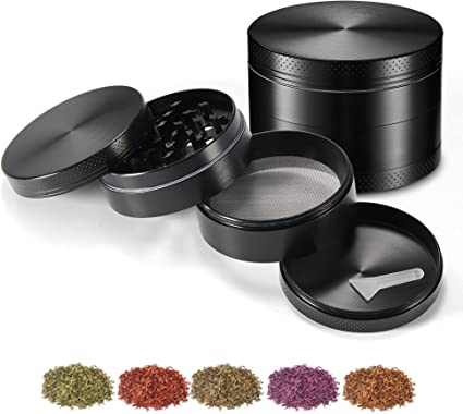 Grinders for 2.5 Inch Aluminum Grinder, 4-Layer Zinc Alloy Manual Spice Seasoning Grinder, Mill Crusher with Filter Iron Mesh and Pollen Scraper (Black)