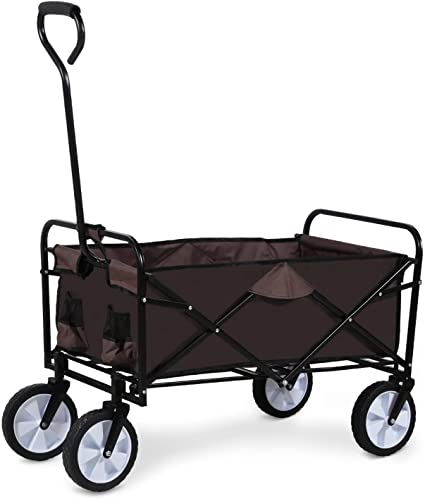 YSSOA Rolling Collapsible Garden Cart Camping Wagon, with 360 Degree Swivel Wheels & Adjustable Handle, 220lbs Weight Capacity,Brown