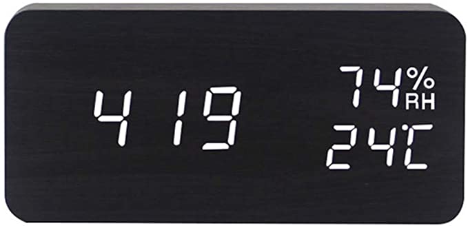F.G. MINGSHA Alarm Clock Wooden Digital Clock Modern Decorative Electronic LED Desk Clock Display Time Date Temperature Humidity 3 Alarms Brightness Adjustable for Home Office Bedroom(Black)