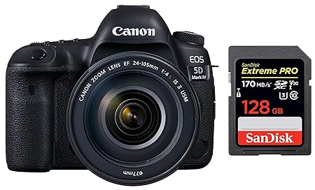 Canon EOS 5D Mark IV 30.4 MP Digital SLR Camera (Black)   EF 24-105mm is II USM Lens Kit   SanDisk 128GB Extreme Pro SDXC UHS-I Card - C10, U3, V30, 4K UHD, SD Card