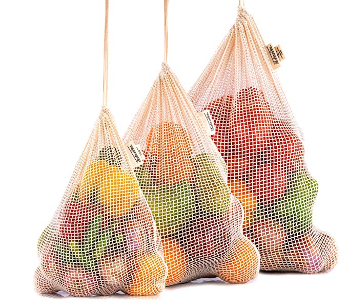 Cotton Mesh Bags Produce - Vegetable Bags Cloth - Cotton Mesh Vegetable Bags - Cotton Produce Bag Organic - Reusable Produce Bags - Organic Cotton Mesh Set of 3 (1 ea. XL, L, M)