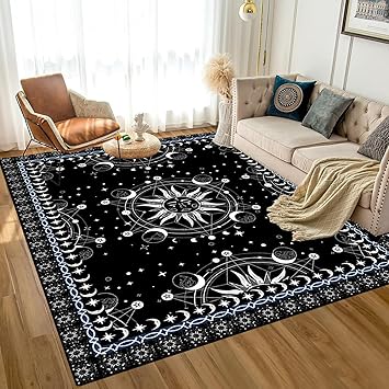 6' x 9' Sun and Moon Rug Boho Celestial Area Rugs for Bedroom Dorm Living Room Bohemian Occult Crescent Solar Stars Floor Mat Pad Doormat Carpet,180 X 275cm,Black