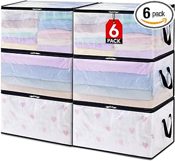 Lifewit 6 Pack Plastic Clothes Storage Bags, 60L Foldable Storage Containers Closet Organizers and Storage Moving Bags with Sturdy Zipper Lids Reinforced Handle for Bedding, Blanket, Comforter