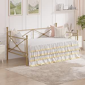 VECELO Twin Daybed with Headboard, Heavy-Duty Metal Slats Support, Sofa Bed Platform Mattress Foundation for Living Room, Guest Room, Easy Assembly, Gold