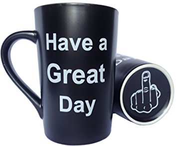 MAUAG Funny Christmas Gifts - Porcelain Coffee Mug Have a Great Day with Middle Finger on the Bottom Funny Ceramic Cup Black, Best Office Cup & Birthday Gag Gifts, 13 Oz by LaTazas