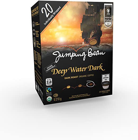 Jumping Bean Dark Roast Fairtrade Organic 100% Compostable Coffee Pods - 20 Pack - Individually Wrapped, Deep Water Dark, 20 Count