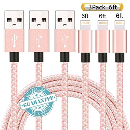 DANTENG iPhone Cable 3Pack 6FT Nylon Braided Certified Lightning to USB iPhone Charger Cord for iPhone 7 Plus 6S 6 SE 5S 5C 5, iPad 2 3 4 Mini Air Pro, iPod Nano 7 - RoseGold