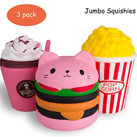 HIGO TOY 3pc Jumbo Squishies Set Hamburger Popcorn Coffee Cup Scented Slow Rising Squeeze squishies Toy Stress Relief Decorations Toy Great Gift for Adults and Kids, Party Birthday Toys