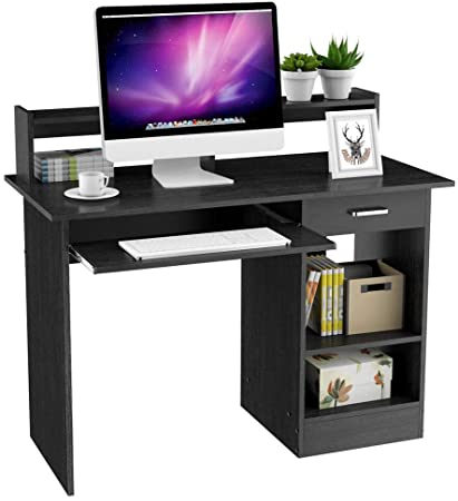 Yaheetech Black Computer Desk with Drawers Storage Shelf Keyboard Tray - Home Office Laptop Desktop Table for Small Spaces