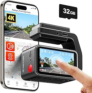 REDTIGER F4 4K Dash Cam Front, 2.2 inch Mini Car Camera, 2160P UHD Touch Screen, Voice Control, Included 32GB Card, Night Vision, Built-in GPS, WiFi APP Control, Loop Recording, 24H Parking Monitor