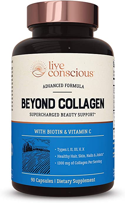 Beyond Collagen Multi Collagen Capsules - Types I, II, III, V & X | Hydrolyzed Blend with Biotin & Vitamin C for Hair, Skin, Nails | Live Conscious - 90 Capsules