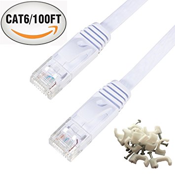 Cat 6 Ethernet Cable 100 ft White –with Cable Clips Flat Internet Network Cable–Cat 6 Computer Rj45 Connectors – 100 feet White