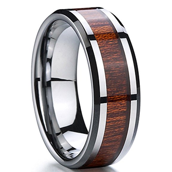 Men 8mm Silver Tungsten Carbide Wedding Engagement Ring Polished Beveled Edge Wood Inlay Band Comfort Fit
