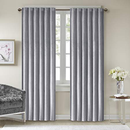 Comfort Spaces - Poly Velvet Window Curtain Pair 4pc Set - Light Grey - 50x84 Inch Panel - Energy Efficient Saving - Curtain Rod Pocket - Include 2 Panels and 2 Tiebacks