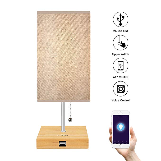 Joly Joy Table Lamp with Bulb (Included), Touch Control Bedside Minimalist Solid Wood Desk Lamp with USB Charging Port, Nightstand Lamp for Bedroom, Living Room, Kids Room