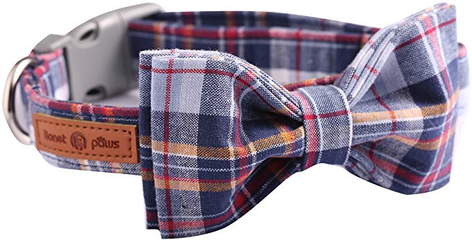 Lionet Paws Dog and Cat Collar with Bowtie Grid Collar Plastic Buckle Light Adjustable Collars for Small Medium Large Dogs