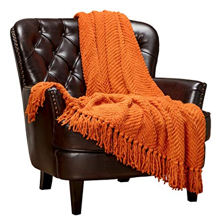 Chanasya Textured Knitted Super Soft Throw Blanket with Tassels Warm Cozy Plush Lightweight Fluffy Woven Blanket for Bed Sofa Chair Couch Cover Living Bed Room Orange Throw Blanket(50"x65")- Orange