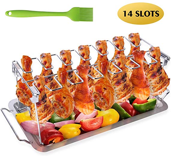 AISHN Chicken Leg Wing Grill Rack, BBQ Chicken Drumsticks Rack Stainless Steel Roaster Stand with Drip Pan, Hang Up to 14 Chicken Legs or Wings, Great Easy to Grill Smoke Wings in Grill or Smoker