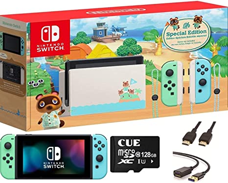 Newest Nintendo Switch with Neon Blue and Neon Red Joy-Con, Animal Crossing: New Horizons Edition 6.2" Touchscreen Display- Family Christmas Holiday Gaming Bundle w/CUE Accessories