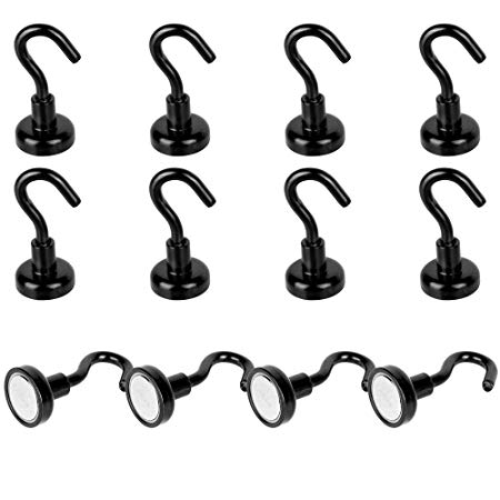 MHDMAG Black Magnetic Hooks, Refrigerator Magnets with Neodymium Rare Earth for Hanging, Holder, Keys. Storage, Door, Office, BBQ, Cruise Ship Accessories, 18lbs, Pack of 12.
