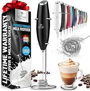 Zulay Kitchen Tornado Whisk Milk Frother Handheld - Coffee Frother Wand With Stand - Triple Whisk Hand Held Mixer - Electric Stirrer Frothing Wand for Latte, Matcha, Protein Powder - Metallic Black