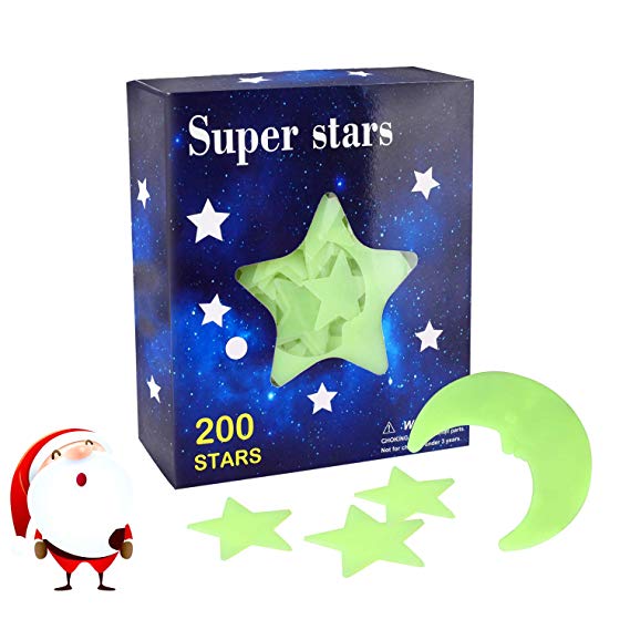 MUCH 200 Pcs Ultra Glow in The Dark Stars 3 Size Star & Bonus Moon Luminous Stickers for Kids Bedroom Easy to Remove (Adhesive Included)