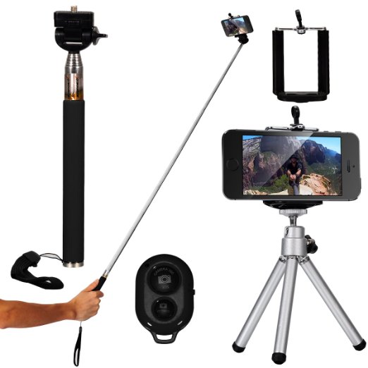 XCSOURCE® 4in1 Extendable Camera Self Portrait Set Portable Monopod   Phone Mount Holder   Tripod   Bluetooth Wireless Shutter Remote Control for iPhone 5s/ 5c /5/ 4s/ 4, Samsung Galaxy, HTC One M8/M7, Google Nexus 5/4/ More Smartphones-Black