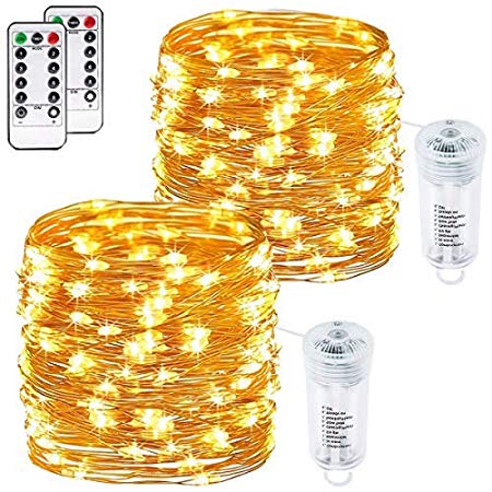 buways 2 Pack Battery Operated Fairy String Lights, Waterproof 8 Modes 75 LED 24.6ft Copper Wire Firefly Lights Remote Control Christmas Decor Christmas Lights Warm White