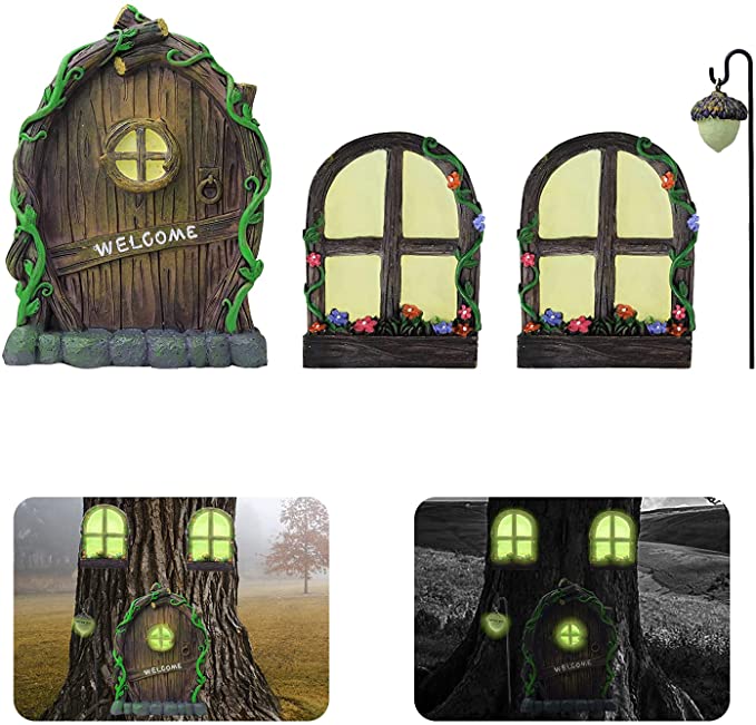 Deloky 4 PCS Miniature Fairy Window and Door for Trees-Fairy Glow in The Dark Yard Art Sculpture Decoration-Gnome Home Glow in The Dark Yard Art Sculpture Decoration with Bonus Fairy Lantern (4pcs)