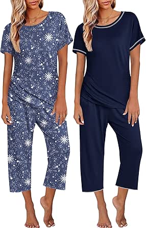 Ekouaer 2 Pack: Womens Pajamas Short Sleeve Sleepwear Tops and Capri Pants Pjs Print Pajama Sets