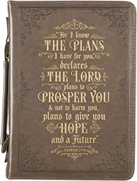 Christian Art Gifts Men's Classic Bible Cover for I Know The Plans Jeremiah 29:11, Brown/Gold Faux Leather, Medium