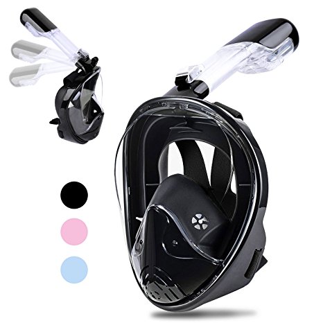 [2018 Newest Version] Snorkel Mask Foldable - Greatever 180° Panoramic View Free Breathing Full Face Snorkeling Mask with Detachable GoPro Mount, Dry Top Set Anti-fog Anti-leak for Adults & Kids