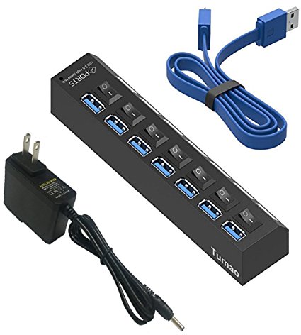 Tumao USB 3.0 7-Port Superspeed Hub with 5V 2A Power Adapter, Built-in 1.9 ft USB 3.0 Cable Hub with On Off Switch For iMac, MacBooks, PCs and Laptops, Tablet