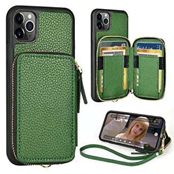 ZVE iPhone 11 Pro Max Wallet Case, iPhone 11 Pro Max Zipper Case with Credit Card Holder Slot Handbag Purse with Wrist Strap Leather Case for Apple iPhone 11 Pro Max 6.5 inch - Dark Green