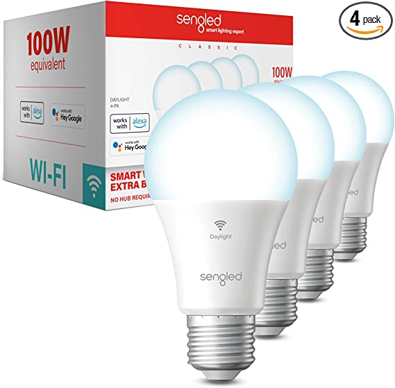 Sengled Smart Light Bulbs, 100W Equivalent WiFi Light Bulb, 1500LM High Brightness Smart Bulbs That Work with Alexa Google, Dimmable A19 Daylight 5000K Alexa Light Bulb, CRI&gt;90, No Hub Required, 4Pack
