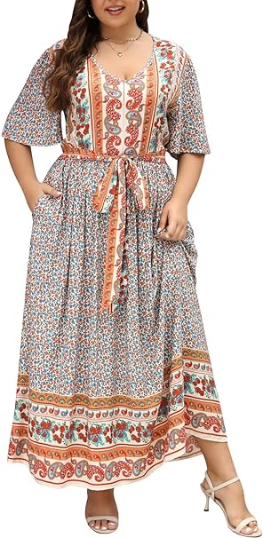 Nemidor Womens Plus Size Boho Floral Positioning Print Casual Flared Maxi Dress with Pocket NEM422