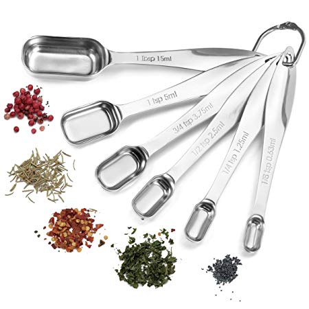 Umite Chef Measuring Spoon Set 304 18/8 Stainless Steel, Rust-Proof, 6 PCS Rectangle Teaspoons Sets Include 1/8 TSP/0.63 ML to 1 Tbsp/15 ML for Dry and Liquid Ingredients