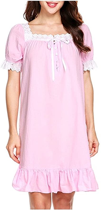 MaxxCloud Women's 100% Cotton Long Dress Short Sleeve Victorian Nightgown Nightshirt