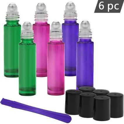 Roller Bottles - 10ml Premium Quality Glass Refillable Essential Oil Roller on Bottles with Lid Opener Pry Tool (FREE GIFT), Set of 6 for Aromatherapy, Essential Oils, Perfumes and Lip Balms By JamHoo