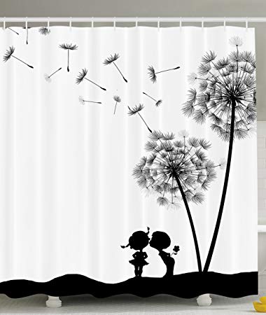 Ambesonne Retro Art Collection, Vintage Classic Thistles Dandelions Flowers Cute Lovers Artwork Prints, Polyester Fabric Bathroom Shower Curtain Set with Hooks, Black/White