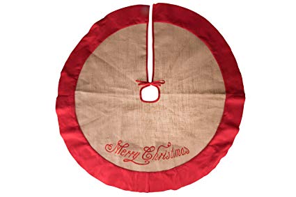 Burlap Christmas Tree Skirt by Clever Creations | Red Border and Embroidered with "Merry Christmas" | Traditional Theme Festive Holiday Design | Contain Needle and Sap Mess on Floor | 40" Diameter