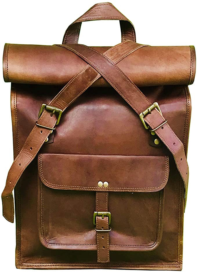 16" Brown Leather Backpack Vintage Rucksack Laptop Bag Roll Top College Bookbag Comfortable Lightweight Travel Hiking/picnic For Men