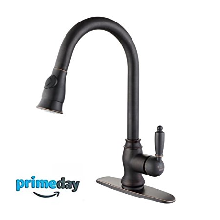 Sontiy Pull Down Kitchen Faucet Lead Free Brass Kitchen Sink Faucet Traditional Single Handle High Arc Spout Kitchen Bar Sink Faucet Mixer with Deck Plate 5 YEARS WARRANTY Oil Rubbed Bronze