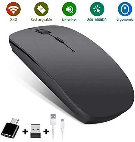CALOCAA Black Rechargeable Wireless Portable Optical Mobile Mute with 2.4GHz Level 3 Adjustable DPI for Computer with USB Receiver and Type C Adapter for Laptop, Computer, Notebook, MacBook, PC