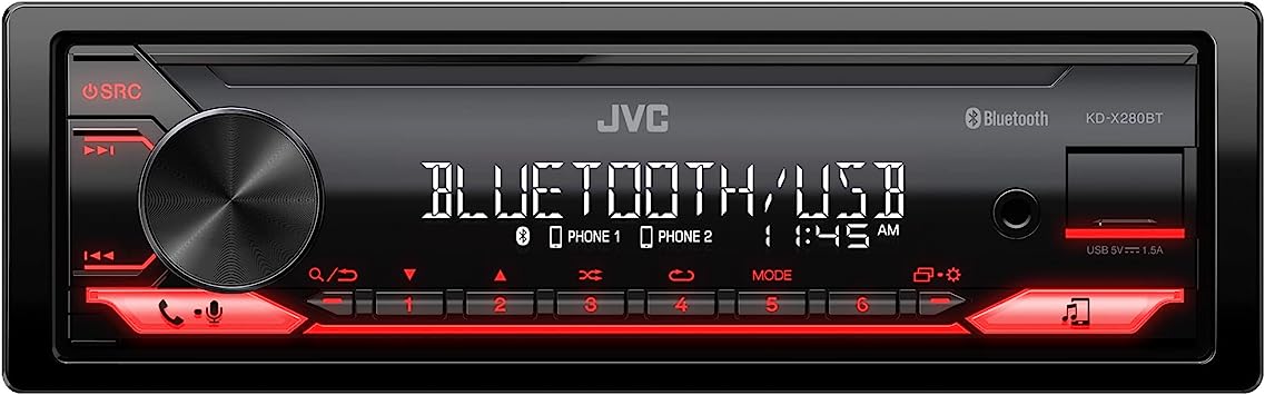 JVC KD-X280BT Bluetooth Car Stereo w/USB Port – AM/FM Radio, MP3 Player, High Contrast LCD, 50 Watts, Detachable Face Plate – Single DIN – 13-Band EQ