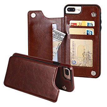 Onetop iPhone 7 Plus Wallet Case with Card Holder,Premium PU Leather Kickstand Card Slots Case,Double Magnetic Clasp and Durable Shockproof Cover for iPhone 7 Plus 5.5 Inch(Brown)
