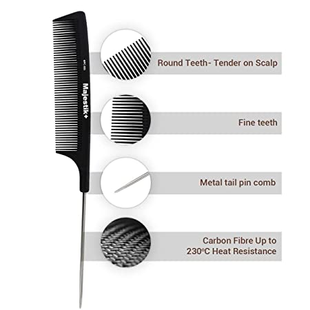 Majestik  Hair Comb- A Professional Carbon Fibre Metal-Pin Tail Comb Strength & Durability, Fine Tooth, Black, With Bespoke PVC Product Pouch Metal-Pin Tail