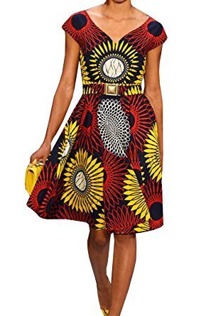 Dellytop Women Cap Sleeve African Print Dashiki Style Floral Party Dress